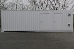 12m Rechenzentrumcontainer - IT-Container / Seitenansicht mit Zugangstüren und Panikschloss - h+s container GmbH
